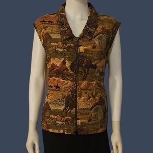 Vtg SADDLE RIDGE 1980s Western Equestrian Horse Tapestry Zipper Vest